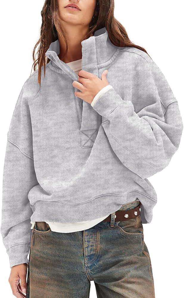 Sweatshirt for Women Long Sleeve 1/4 Button Mock Neck Pullover Tops Casual Outfits Tops | Amazon (US)