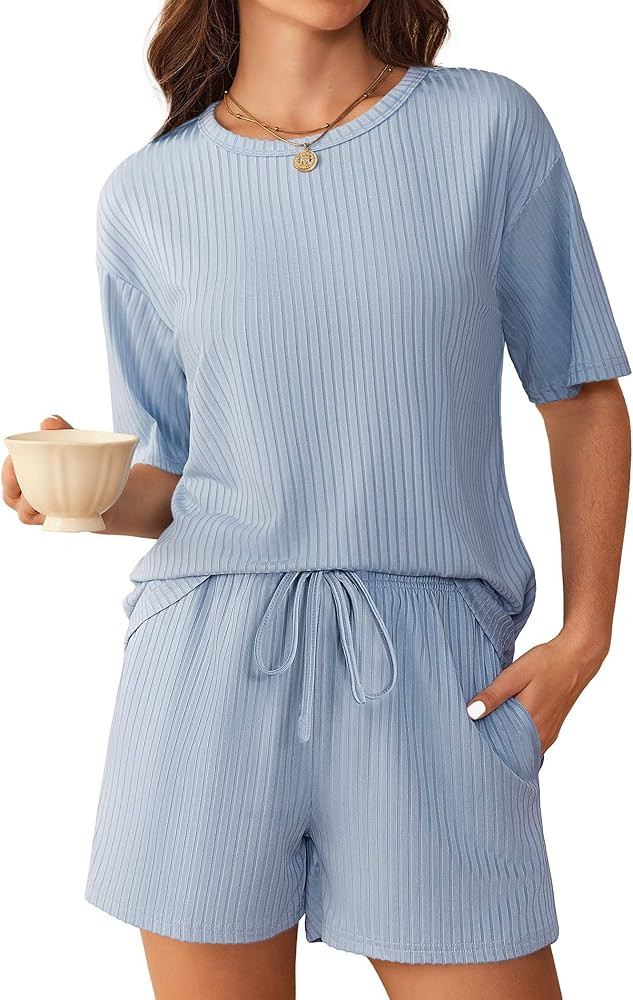 Ekouaer Ribbed Knit Lounge Set Women Pajama Set Short Sleeve Top and Shorts Set Two Piece Shorts ... | Amazon (US)