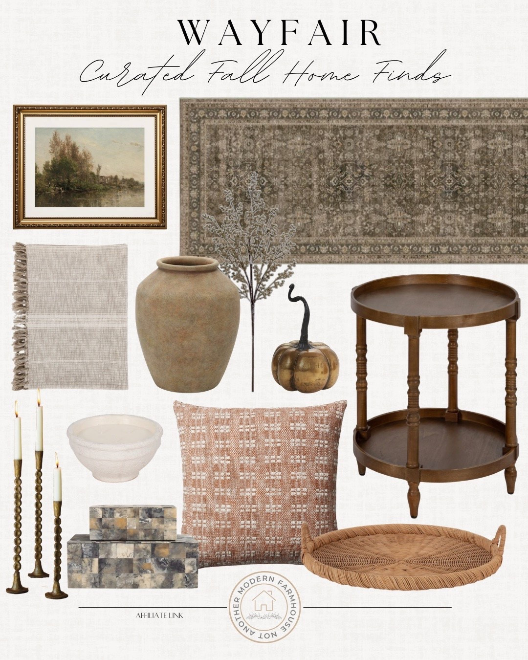 Curated home finds from Wayfair includes side table runner rug, tray, throw pillow, decorative boxes, candlestick holder, candle, throw blanket, vase, stem, pumpkin decor, wall art.

Home decor, looks for less, home accent, neutral home

#LTKSaleAlert #LTKHome #LTKSeasonal
