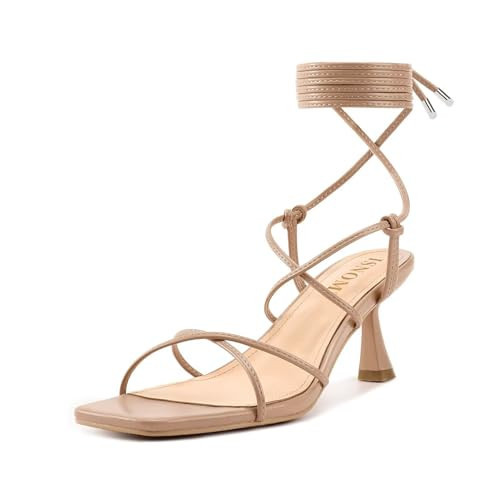 ISNOM Nude Lace Up Stiletto Heel Strappy Sandals for Women - Kitten Heel Tie Up Square Toe Wrap Around Cute Comfy Summer Dressy Sandals | Amazon (US)