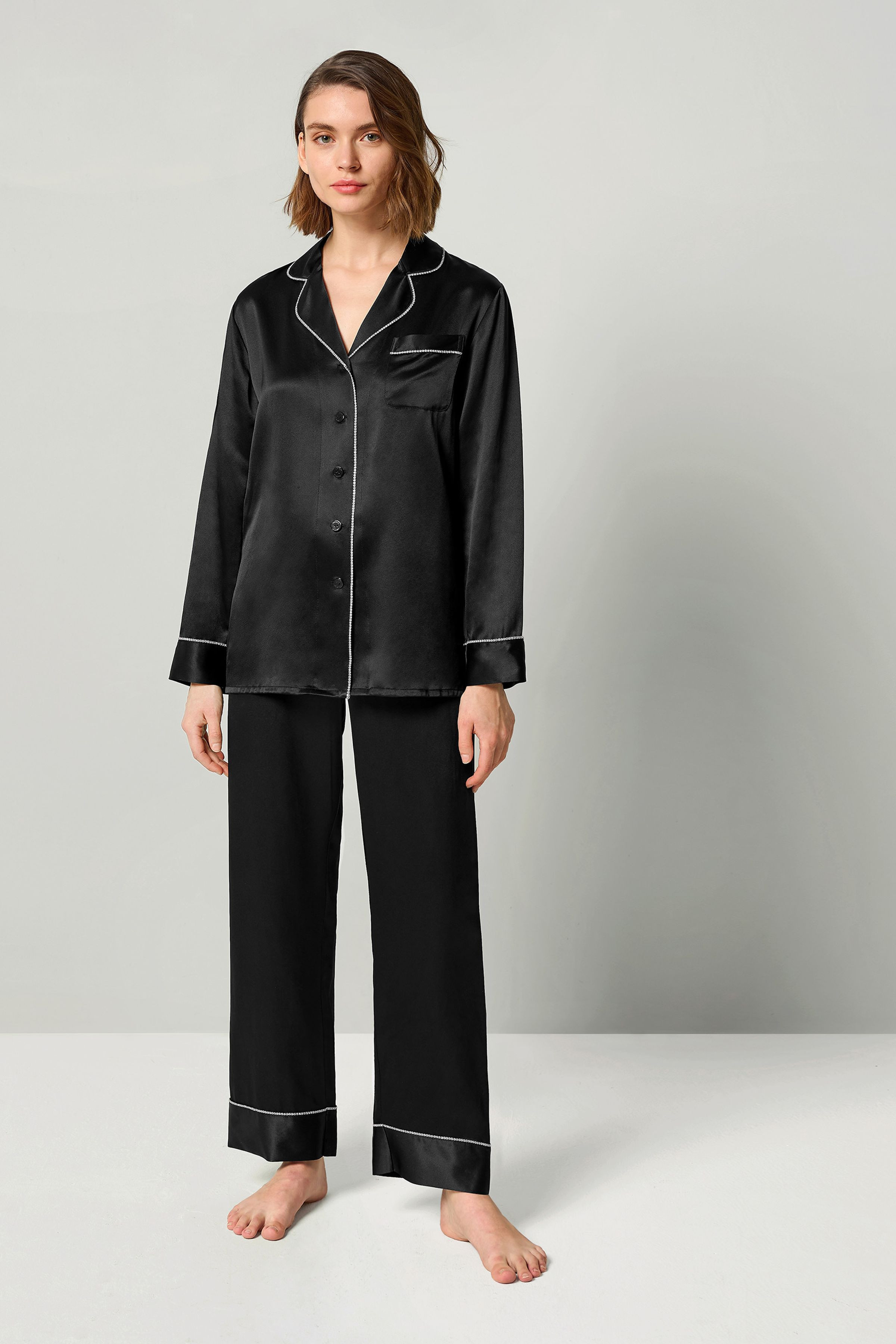 Rhinestone Trimmed Silk Women Pajamas Set | LilySilk