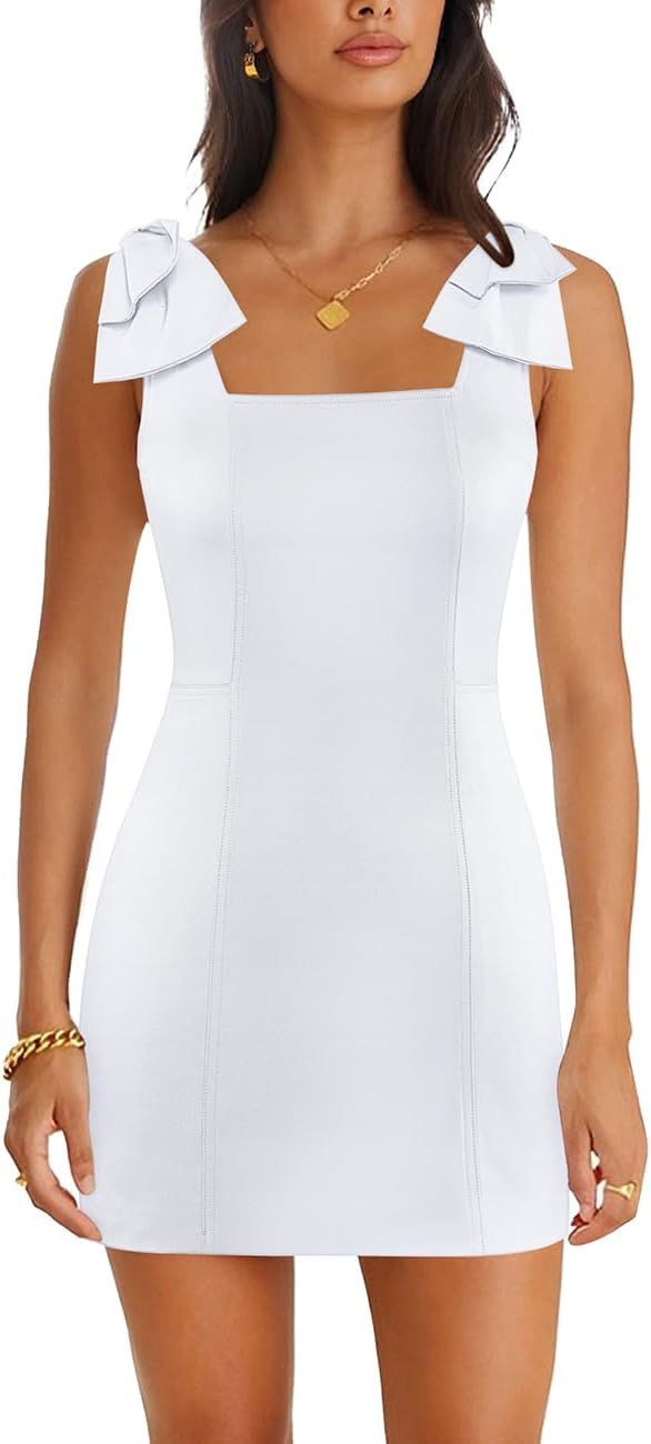 Cosonsen Women's Party Dress 2023 Square Neck Bow Strap Mini Sheath Dresses | Amazon (US)