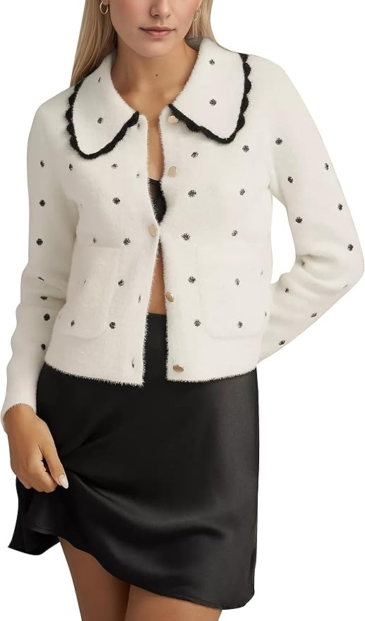 Women Polka Dot Ruffle Collar Cardigan Button Down Open Front Sweater Long Sleeve Knit Cropped Ca... | Amazon (US)