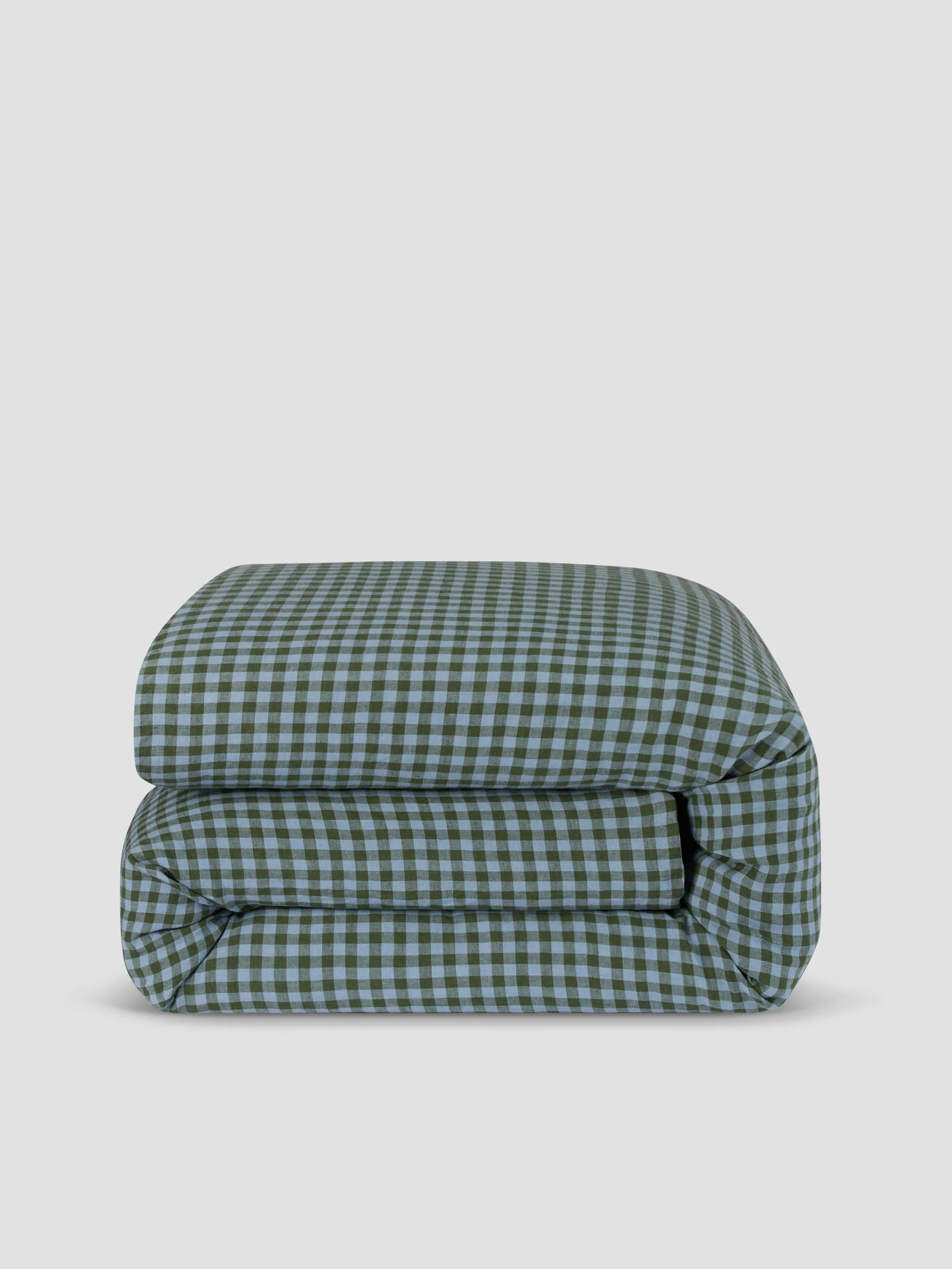 Fern Green & Dusk Blue Colour Drenched Gingham Linen Blend Duvet Cover | Piglet