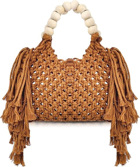 Handbags for Women, Hand-woven Knitted Cotton Handbags, Tassel Woven Bag, Wooden Bead Handle, Sho... | Amazon (US)