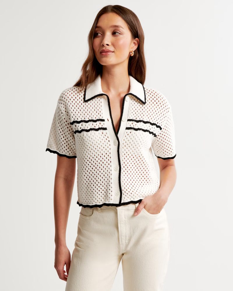 Women's Crochet-Style Button-Up Polo | Women's Tops | Abercrombie.com | Abercrombie & Fitch (US)