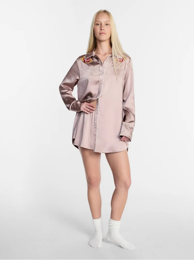 Kacey Lee Women's Satin Sleep Shirt with Long Sleeves, Size XS-XXL | Walmart (US)
