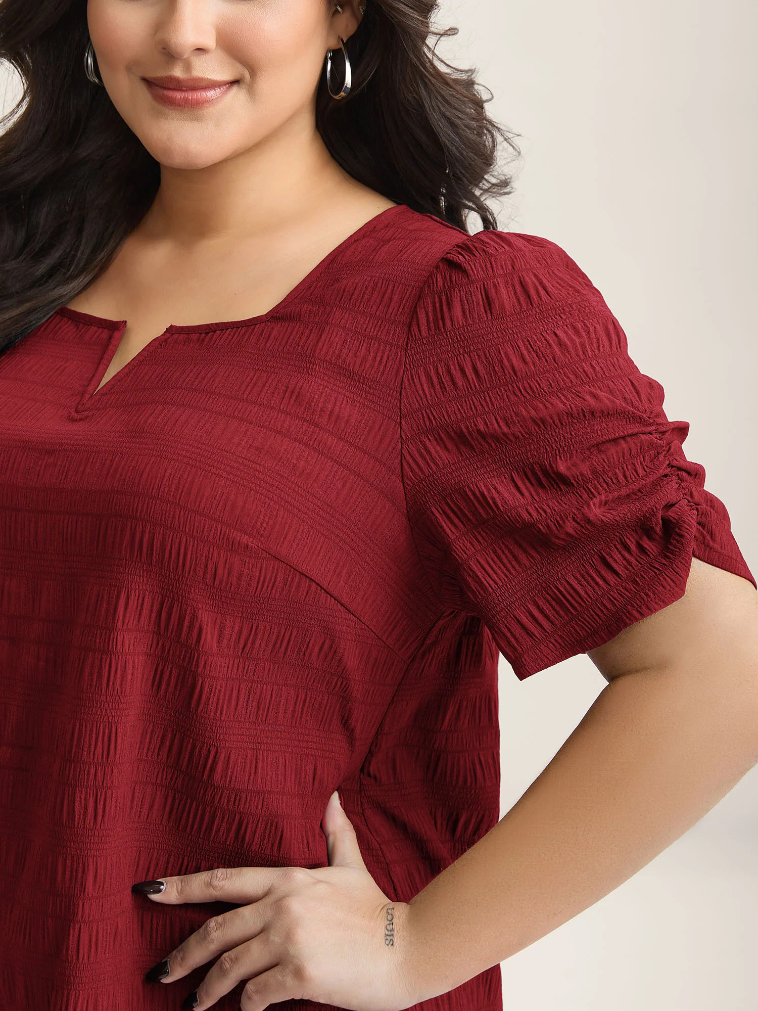 Textured Gathered Sleeve Split Neck Blouse | Bloomchic