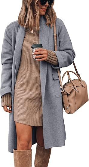 Hooever Women's Long Cardigan Wool Coat Open Front Pockets Warm Lapel Jacket Coat Fall Outerwear | Amazon (US)