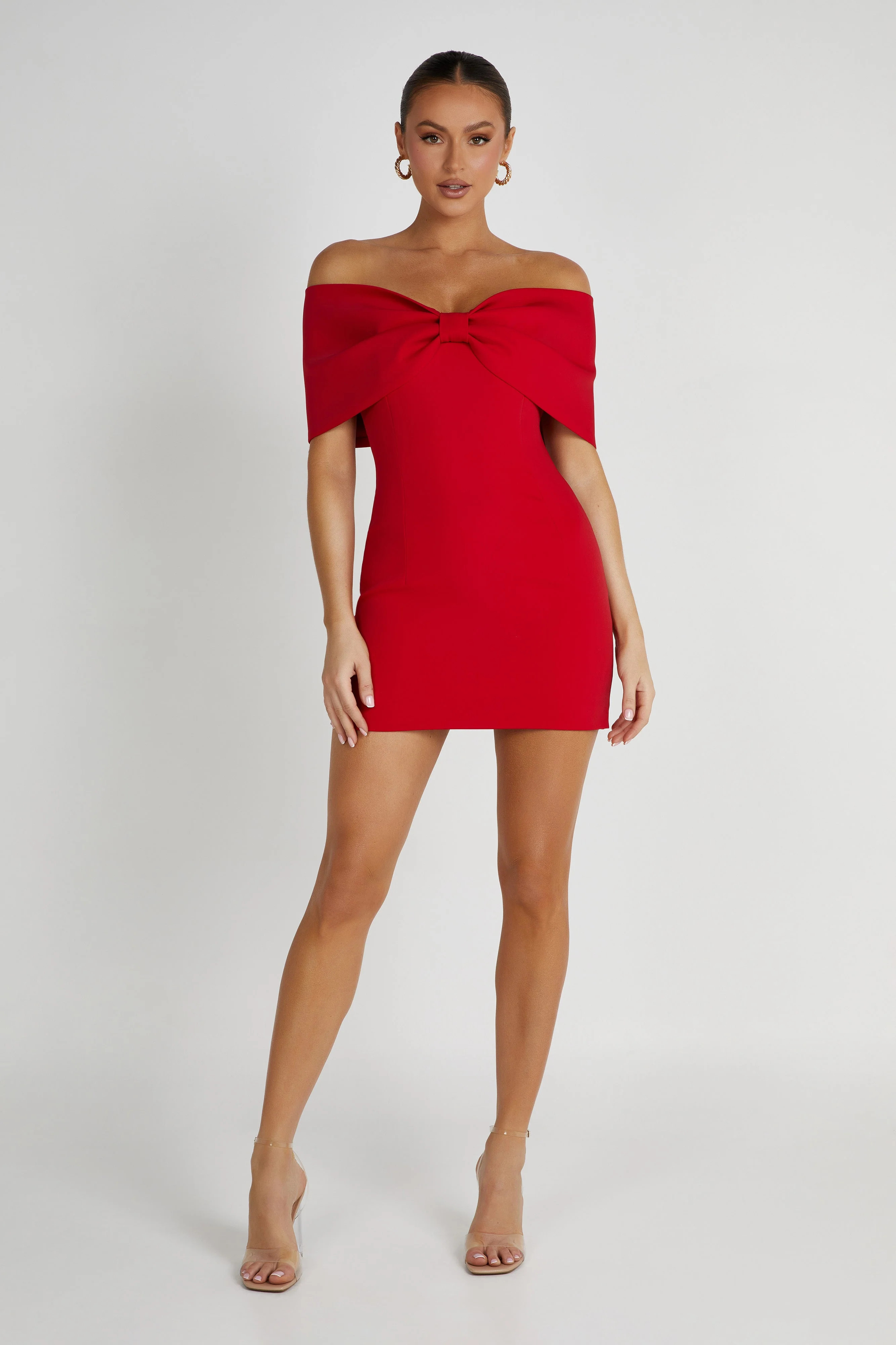 Gwyneth Off Shoulder Bow Mini Dress - Red | MESHKI US