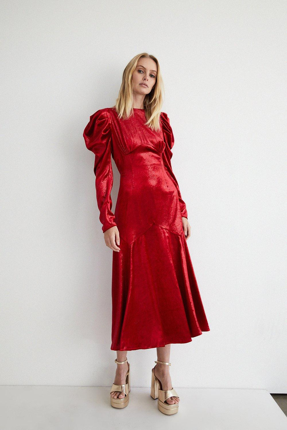 Tinsel Velvet Volume Sleeve Midi Dress | Warehouse UK & IE