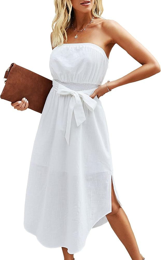 AOVDE Women's Dresses Summer Strapless Beach Party Dress Casual Off Shoulder Wrap Ruffle Maxi Long D | Amazon (US)