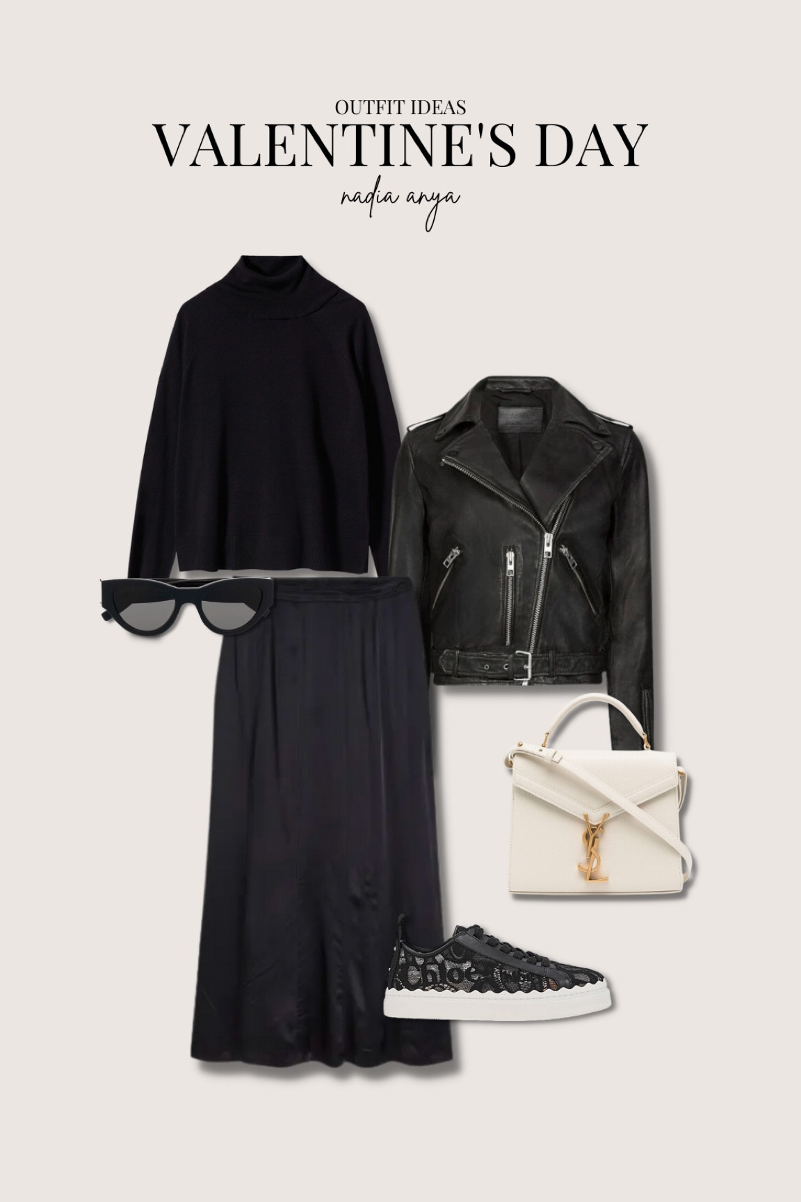 Valentine’s Day outfit ideas - classy lunch date look. Mango black roll neck fine knit jumper, all saints black leather jacket, ysl cream handbag, ysl sunnies & Chloe Lauren black lace trainers 

#LTKstyletip #LTKshoecrush #LTKitbag