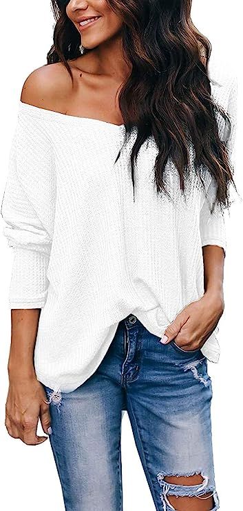 ZJCT Womens Off The Shoulder Tops V Neck Sweaters Waffle Knit Shirt One Shoulder Oversized Long S... | Amazon (US)