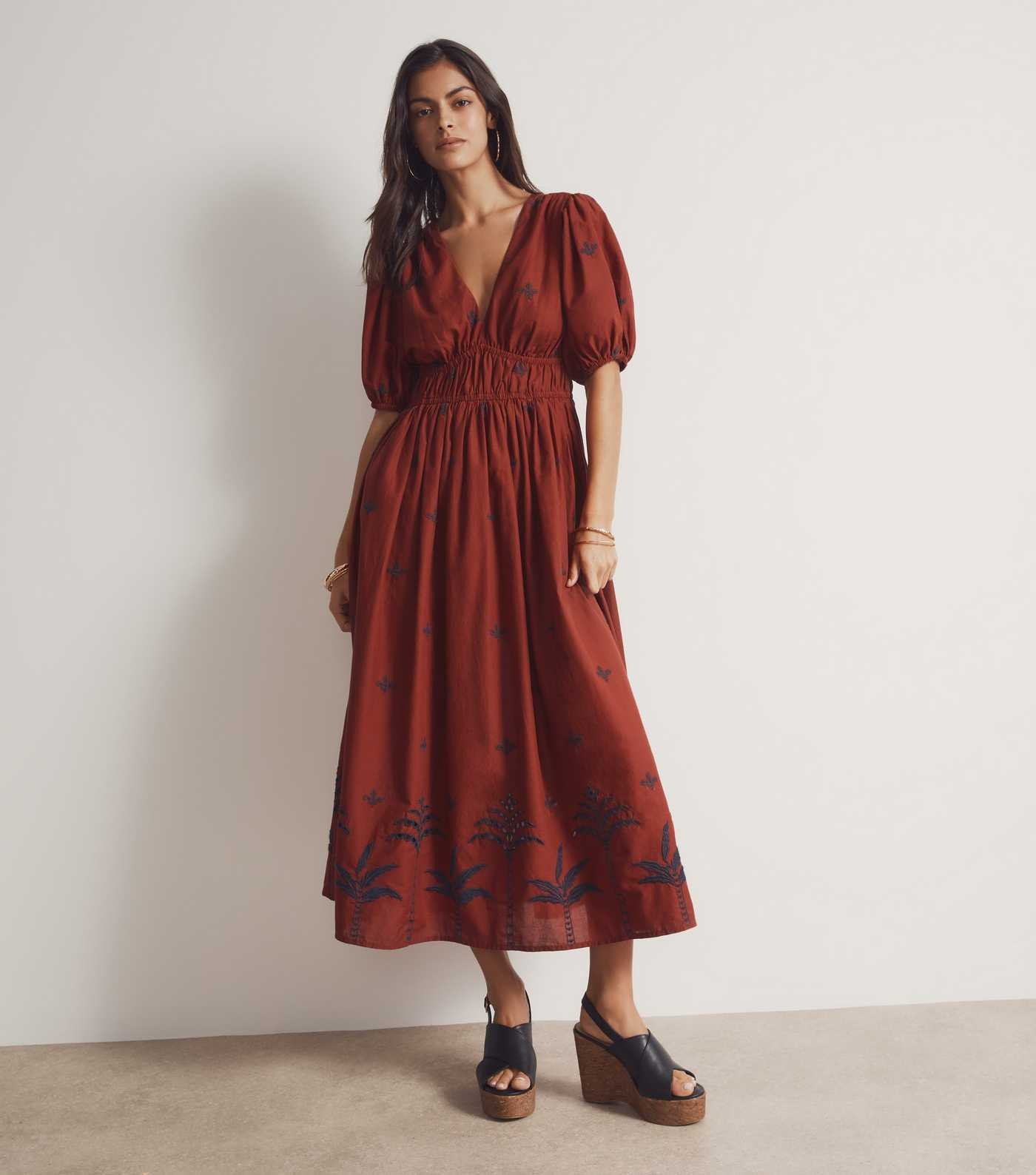 Rust Palm Embroidered Midi Dress | New Look | New Look (UK)