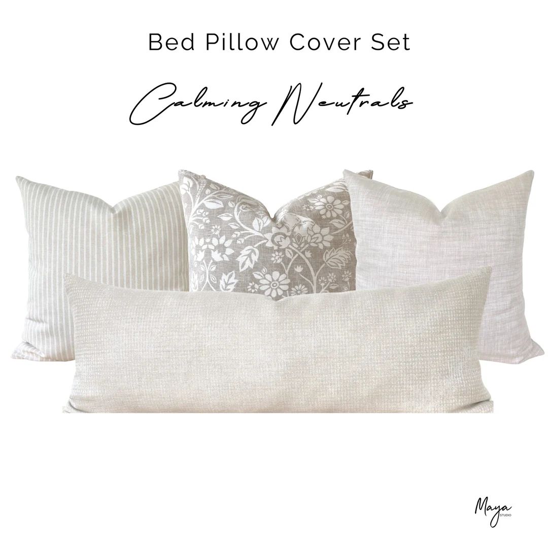 Beige Bed Lumbar Pillow Cover Set, Neutral Linen Throw Pillow Covers, Neutral Long Lumbar, King B... | Etsy (EU)