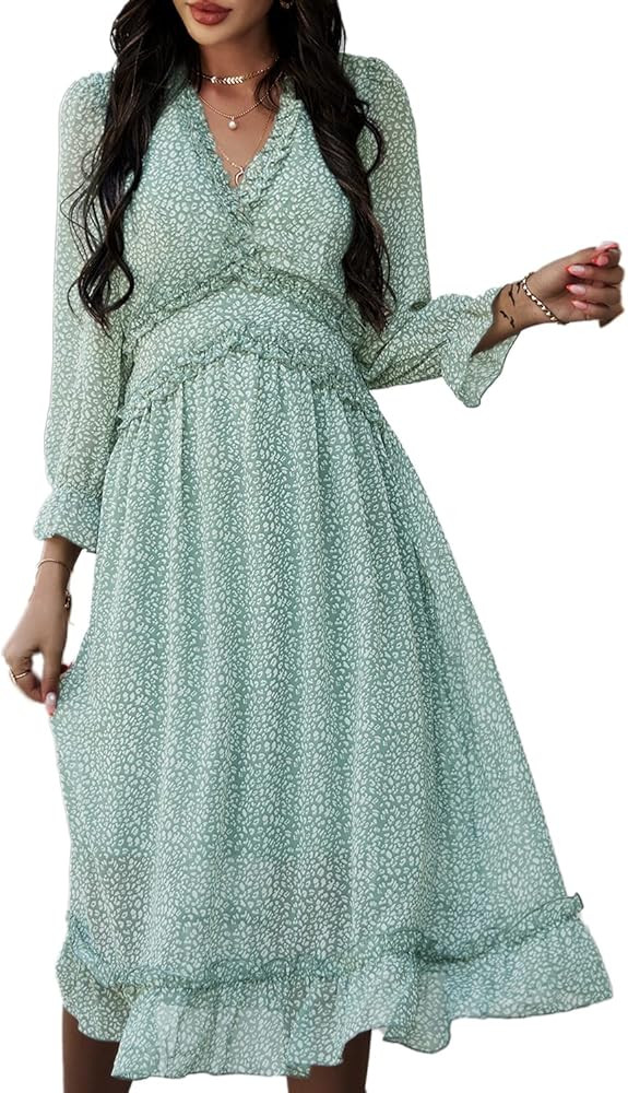 Simplee Women's V Neck Ruffles Floral Printed Long Sleeve Dress High Elastic Waist Flowing Midi D... | Amazon (US)
