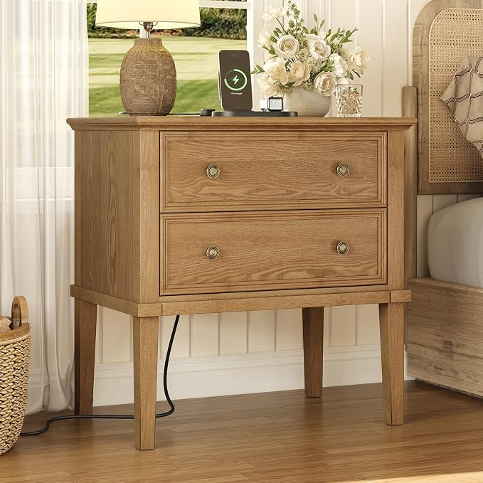 IKENO Solid Wood Nightstand with Charging Station, Farmhouse End Table with 2 Solid Wood Drawers,... | Amazon (US)