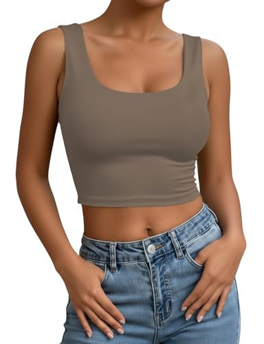 Women's Sleeveless Strappy Tank Square Neck Double Layer Workout Fitness Casual Basic Crop Tops (as1, Alpha, m, Regular, Regular, Coffee) | Amazon (US)