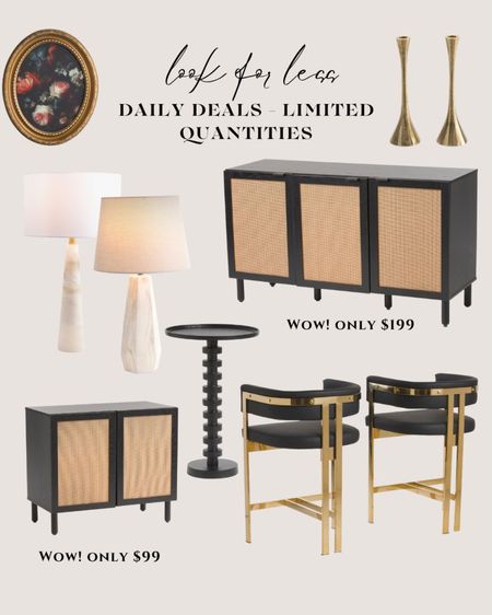 Daily deals home furniture. Brass counter stools. Marble table lamp. Rattan cabinet. Rattan sideboard. Brass candle holders. Black round side table modern. 

#LTKsalealert #LTKhome