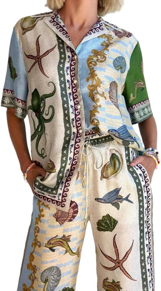 Women's Graffiti Two Piece Pants Suit Wide Leg Pants Y2k Floral Outfit | Amazon (US)