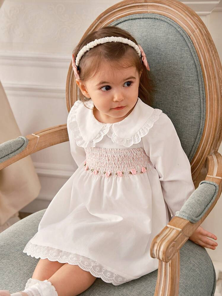 Souflis Baby Girl Peter Pan Collar Flounced Lace Hem Trumpet Sleeve Cable Knit Dress | SHEIN