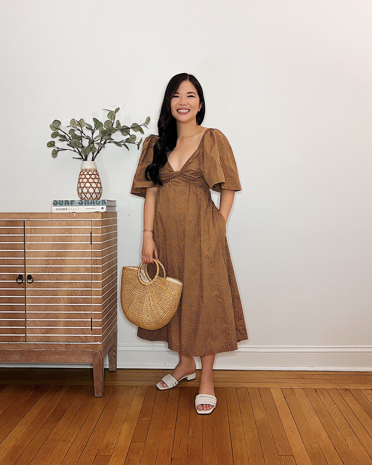 Brown midi dress (XSP)
Brown dress 
Brown polkadot dress 
Dress with pockets 
Straw bag 
White sandals  (TTS, a little tight in the strap)
White braided sandals 
Abercrombie dress 

#LTKstyletip #LTKSeasonal #LTKunder100