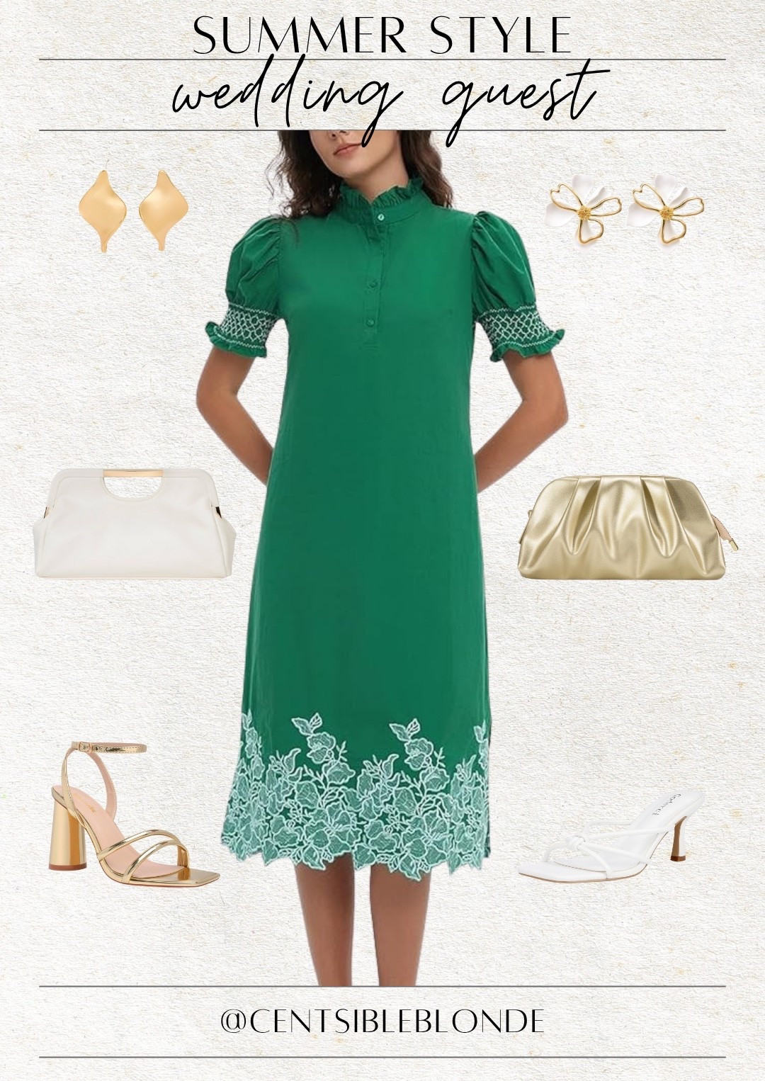 wedding guest dress, midi dress, summer dress, work dress, church dress, summer outfit, summer style, clutch, handbag, heeled sandals, white sandals, white heels, gold heels, gold sandals, gold earrings, green dress

#LTKFindsUnder100 #LTKWorkwear #LTKWedding
