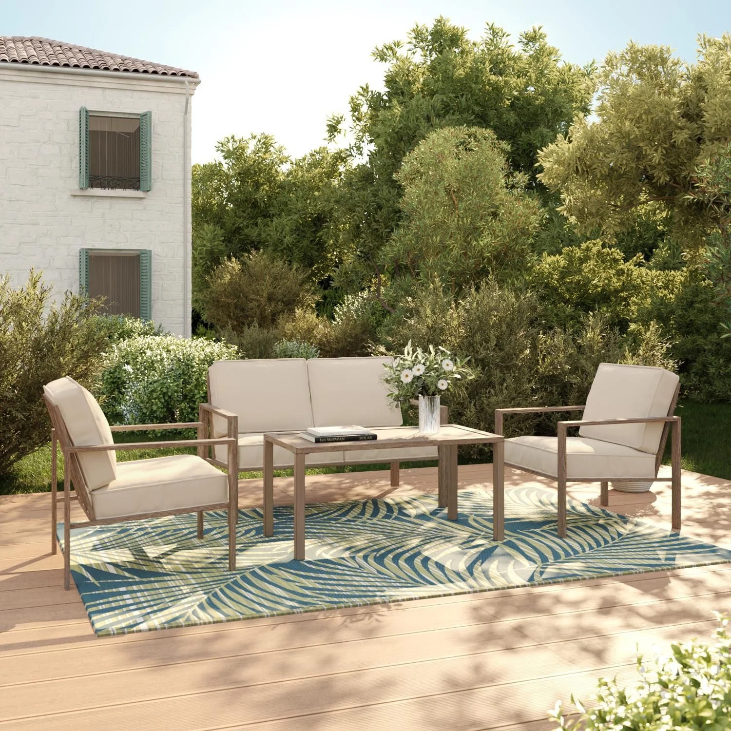 Mainstays Cobble Hill 4-Piece Steel Outdoor Coversation Set with Cushions, Cream | Walmart (CA)