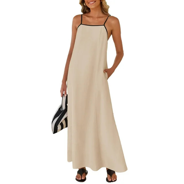 YOGAFOX Women Boho Casual Spaghetti Strap Flowy A Line Maxi Dress Apricot M | Walmart (US)