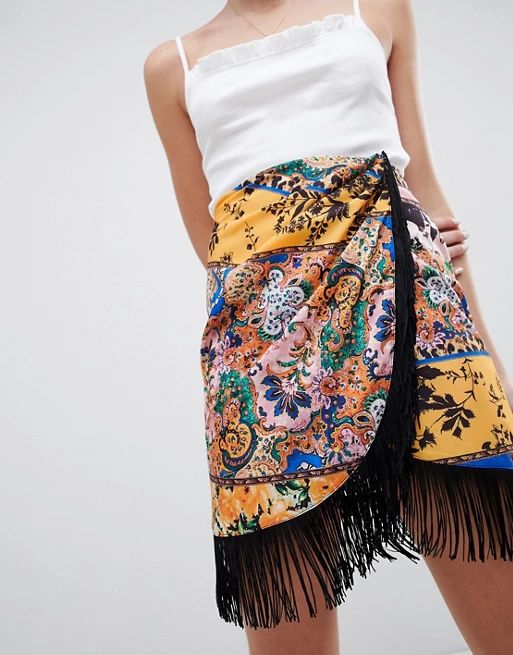 ASOS DESIGN scarf print wrap mini skirt with fringe hem | ASOS US