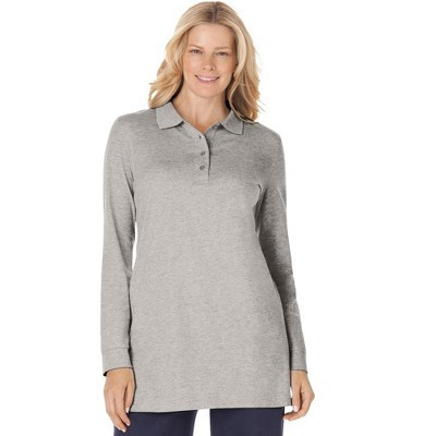 Woman Within Long-Sleeve Polo Shirt - L, Medium Heather Grey | Target