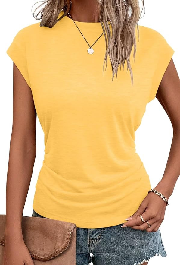 Bliwov Womens Summer Tops Cap Sleeve Crew Neck T Shirts Spring Trendy Fashion Outfits Business Be... | Amazon (US)