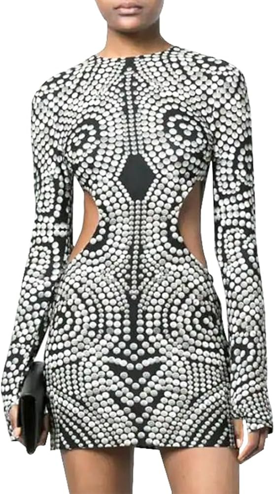 Women's Bodycon Hollow Out Long Sleeve Black Dot Print Mini Dress Halter Crew Neck Cutout Waist T... | Amazon (US)