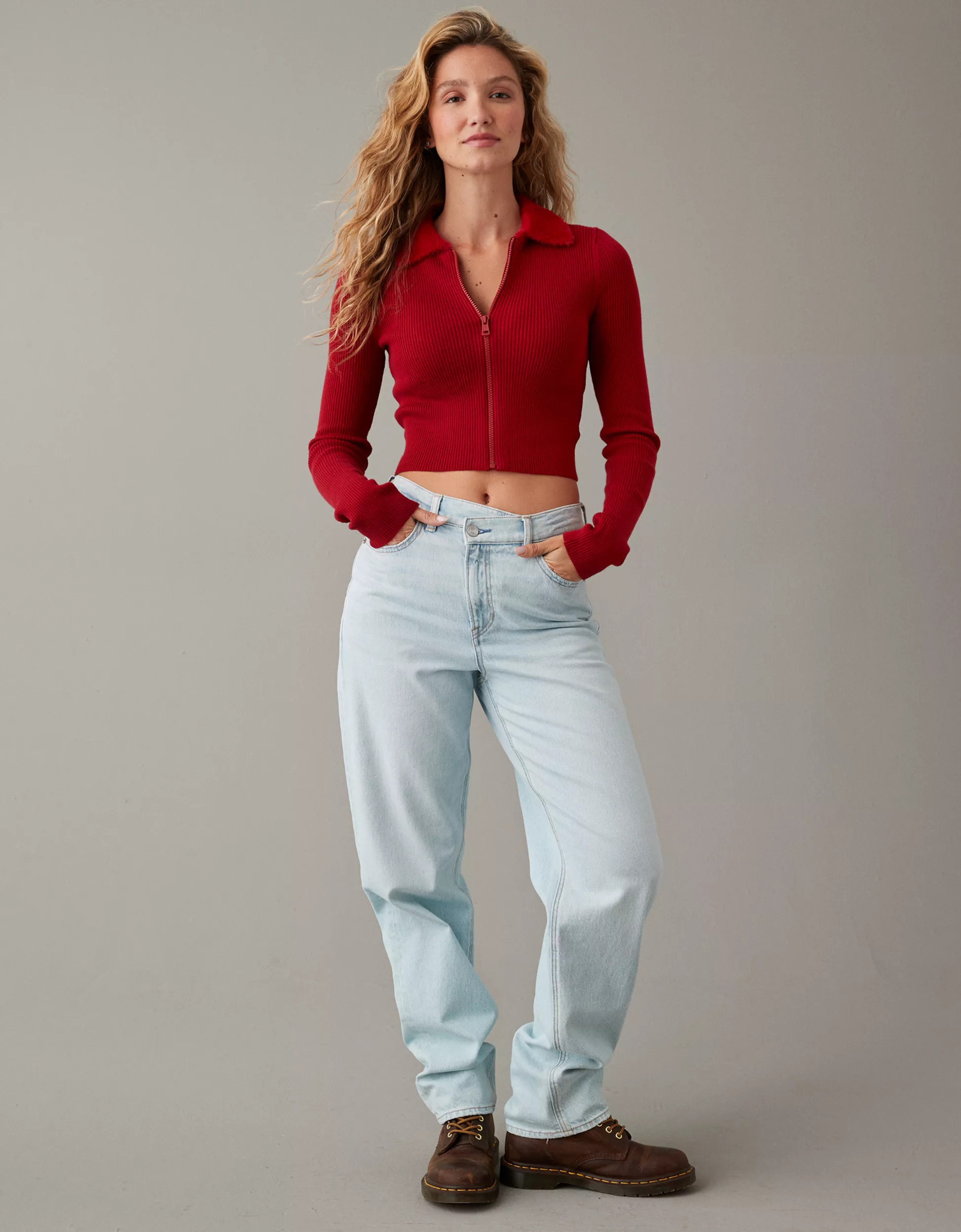 AE Cropped Eyelash-Collar Full-Zip Sweater | American Eagle Outfitters (US & CA)