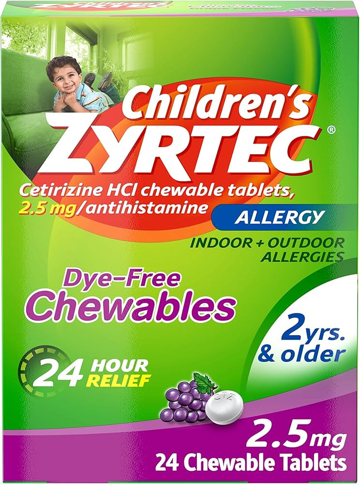 Zyrtec Children's Dye-Free Chewables for 24 Hour Allergy Relief, 2.5 mg Cetirizine HCl Antihistam... | Amazon (US)