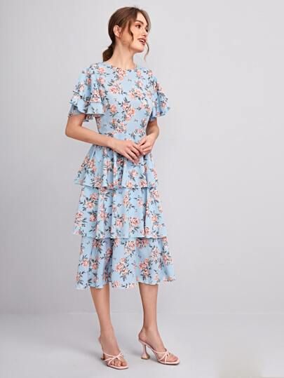 SHEIN Layered Ruffle Trim Floral Dress | SHEIN