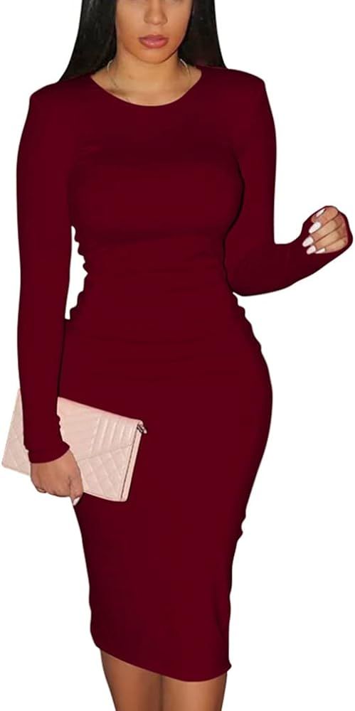 XXTAXN Women's Sexy Bodycon Long Sleeve Round Neck Work Office Midi Pencil Dress | Amazon (US)