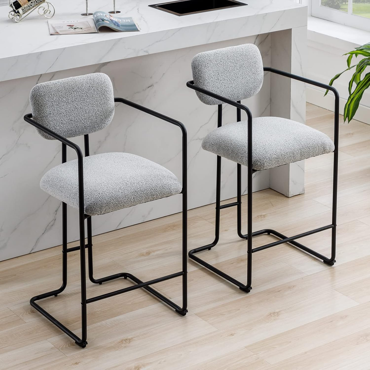 QUINJAY 26'' Modern Counter Height Bar Stools Set of 2, Grey Fabric Upholstered Counter Stools wi... | Amazon (US)