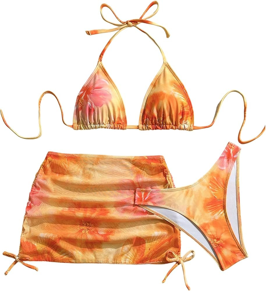 SHENHE Women's 3 Piece Floral Swimsuits Triangle Halter High Cut Bikini Set with Cover Up Skirt | Amazon (US)