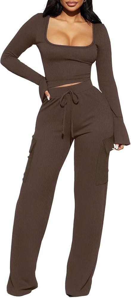 Ekaliy Sexy Two Piece Outfit for Women-Ribbed Lounge Set Bell Sleeve Crop Top Pant Set Fall Track... | Amazon (US)