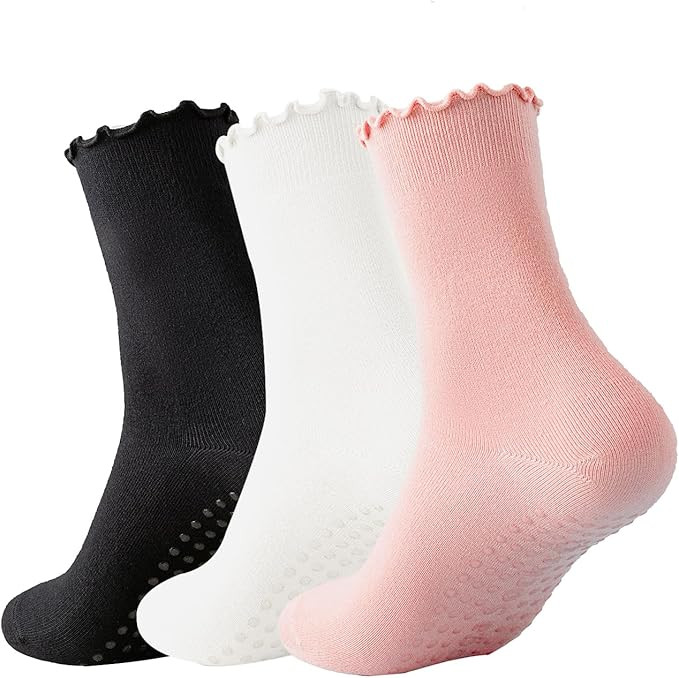 3 Pairs Pilates Socks with Grips Non-slip Ruffle Yoga Sock Grip Sock for Women | Amazon (US)
