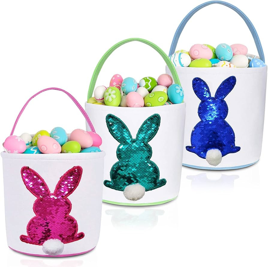 Easter Bunny Baskets for Kids, 3 Pack Canvas Easter Eggs Hunt Bag Rabbit Gifts Toys Bucket Tote (... | Amazon (US)