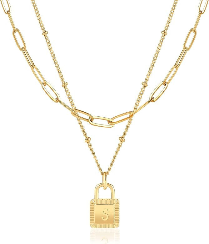 Lukieny Gold Layered Initial Necklaces for Women 18K Gold Plated Dainty Layered Letter Lock Neckl... | Amazon (US)
