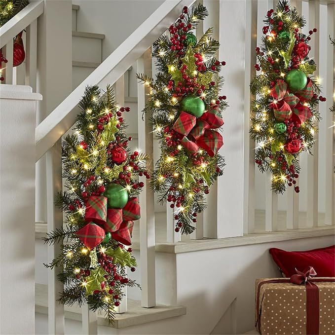 23.6 Inch Prelit Christmas Stair Swag Classics Red Green Christmas Garland for Stairs Railing wit... | Amazon (US)