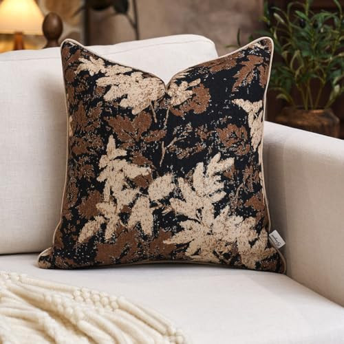 Yangest Neutral Leaf Pillow Cover 20 x 20 Inches, Vintage Chenille Square Throw Pillow Cover Soft Leaves Nature Accent Couch Pillow Cover for Living Room Bedroom, Coffee Brown | Amazon (US)