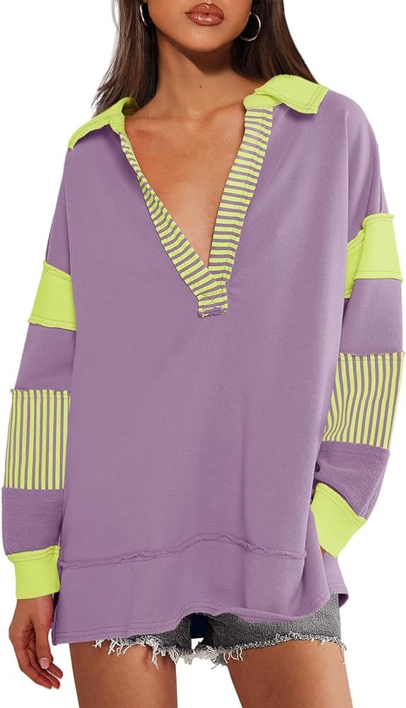 SENSERISE Womens Oversized Striped Shirt Long Sleeve Color Block Tops Casual V Neck Polo Shirts P... | Amazon (US)