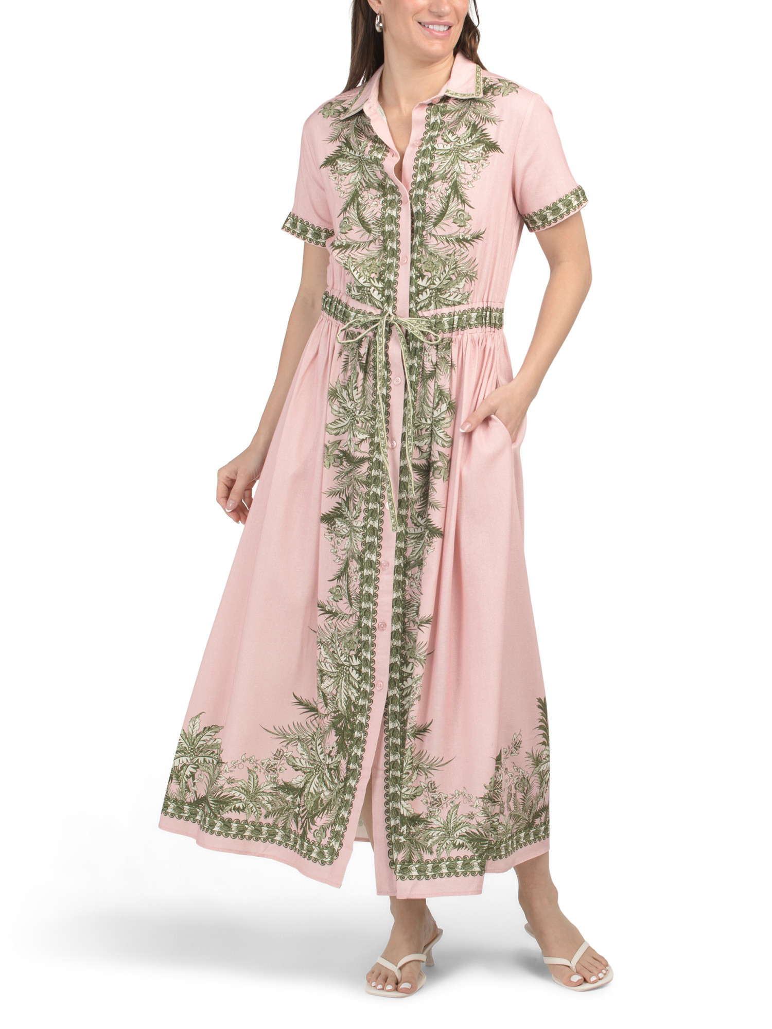 Linen Blend Button Front Waist Tie Maxi Shirt Dress | Marshalls