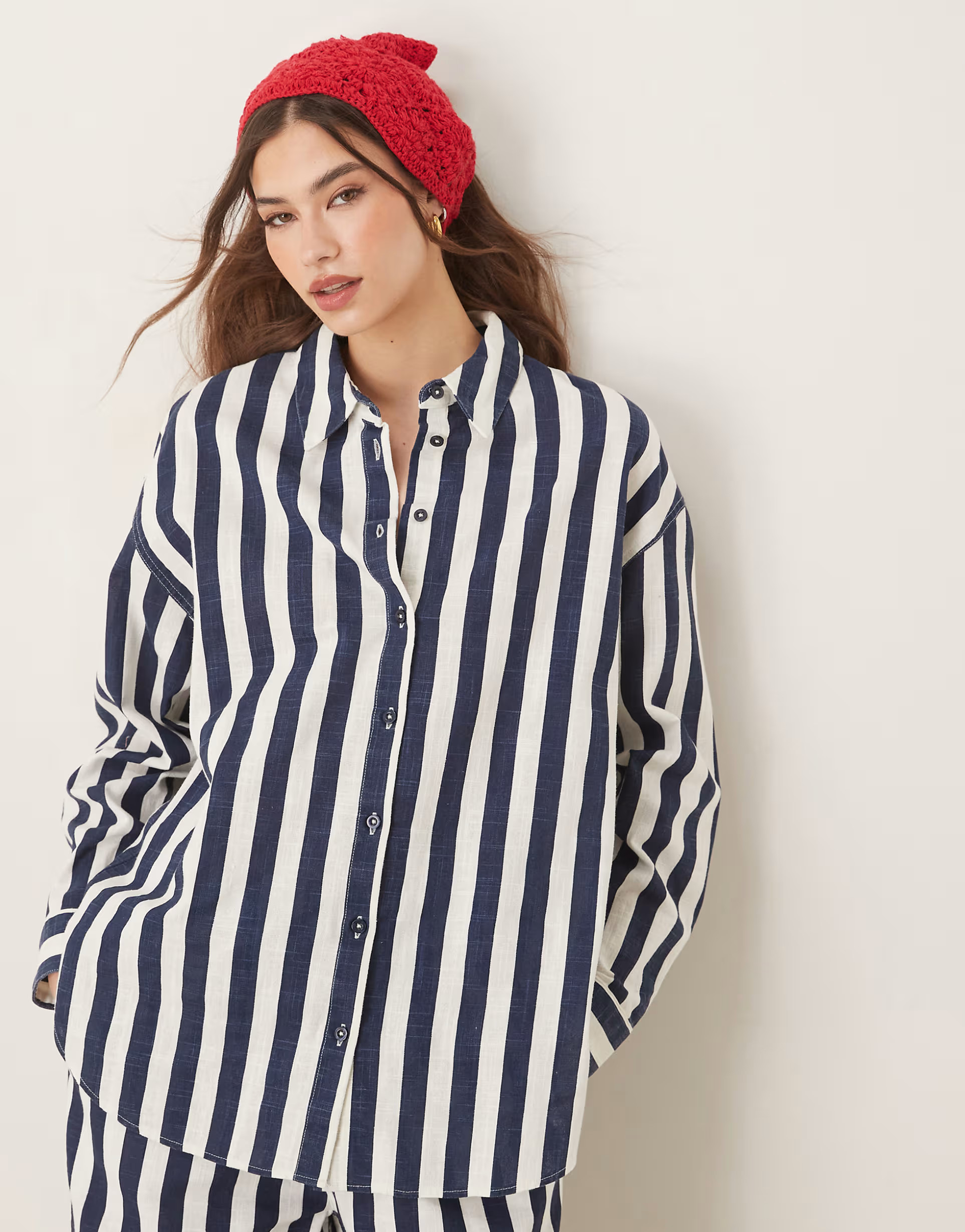 ASOS DESIGN oversized linen look shirt in navy stripe - part of a set  | ASOS | ASOS (Global)
