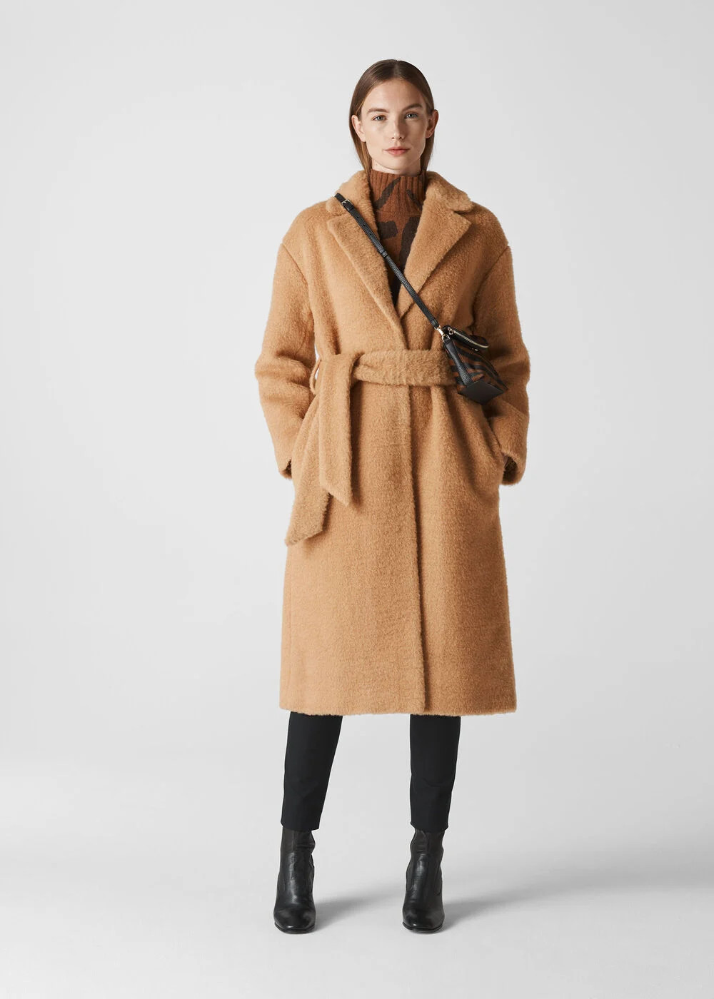 Camel Wool Textured Belted Coat | WHISTLES | Whistles ROW | | Whistles